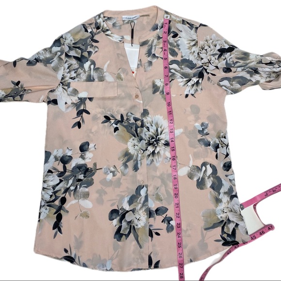 NWT Calvin Klein Pink Floral Rose Button Down Rolled Cuff Long Sleeve Blouse - Picture 13 of 13